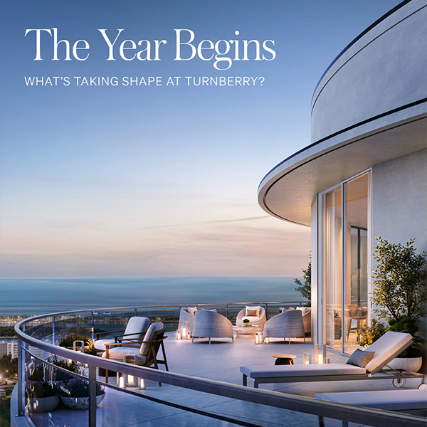Rendered penthouse terrace at One Park Tower with curved balcony, outdoor lounge furniture, and panoramic ocean view at dusk