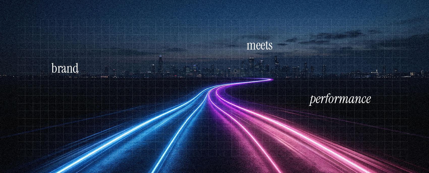 Neon light trails diverging on a dark highway labeled 'brand' and 'performance' converging toward a city skyline