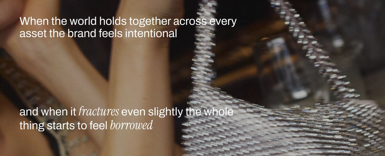 Close-up of a hand touching luxury metal mesh fabric in soft light, illustrating the importance of visual consistency in prestige brand marketing